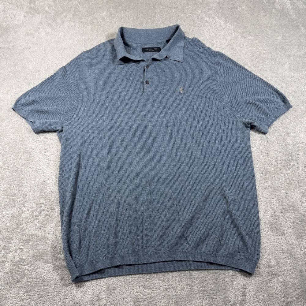AllSaints‎ Aubrey Ribbed Polo Shirt Men XXL Blue Short Sleeve Organic Cotton
